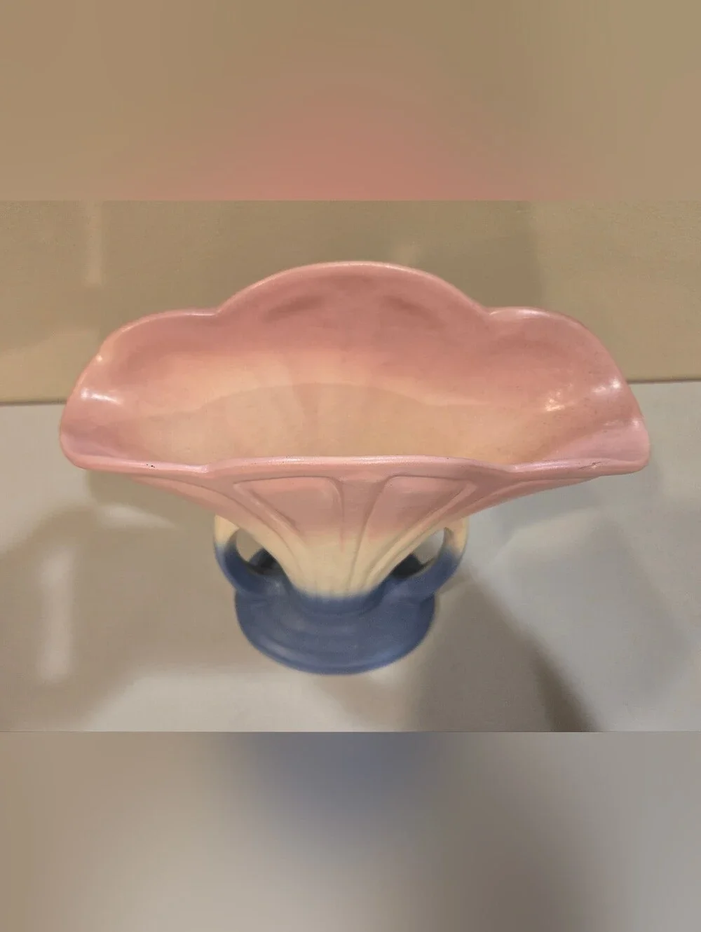 Vintage Hull Pottery Mardi Gras Pink, Cream & Blue Ceramic Fan Vase 